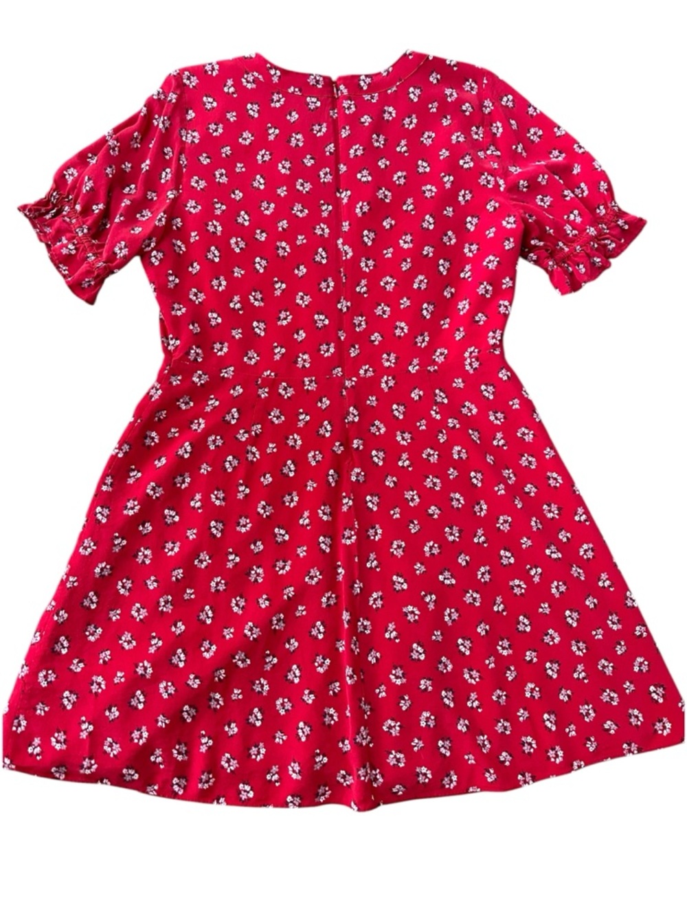MADEWELL Red and White Floral Silk Button Front Ruffle Sleeve Silk Mini Dress - Picture 2 of 6